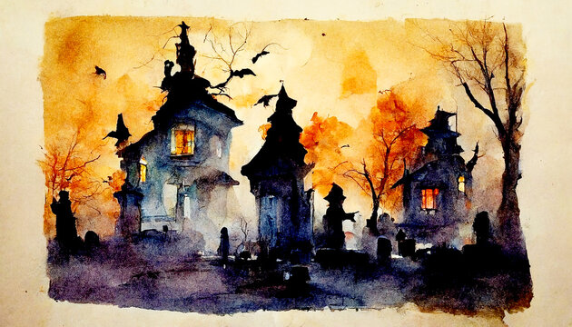 Watercolor painting of Halloween spooky Horror background, October 31