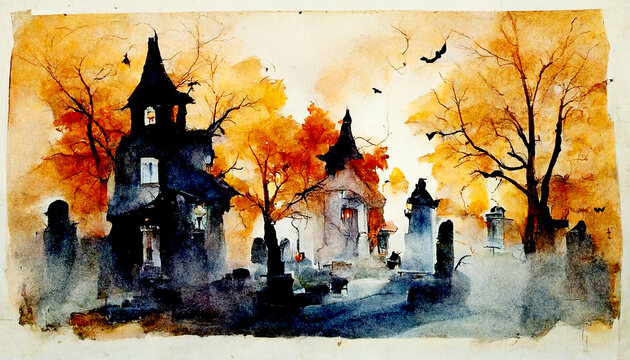 Watercolor painting of Halloween spooky Horror background, October 31