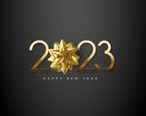 Fototapeta na wymiar Happy new year gold with fancy ribbon, happy new year 2023 greetings.