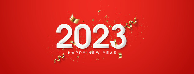 Fototapeta na wymiar Happy new year 2023 with gold ribbon around numbers.