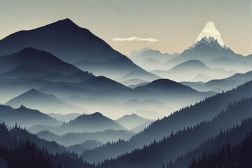 Obraz premium Misty foggy mountain landscape with fir forest and copyspace in vintage retro hipster style