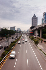 View of Jakarta rush hour traffic in a busy city, urban scenery, Indonesia