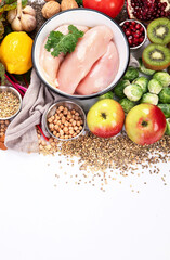 ..Healthy food background. Fresh vegetables, fruits and chicken meat.