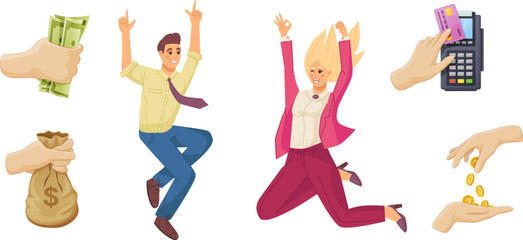 Woman and man feeling happy while getting salary or high income. Successful business team earning money. Human hands holding money bag, bundle of banknotes and credit debit card