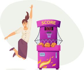Excited woman happily jumping at basketball slot machine