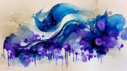 Beautiful abstract background. Mixed liquid paints. Blue and lilac colors. Flowing ink. painting