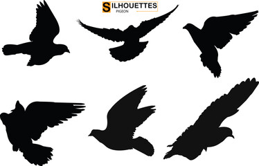 Set of silhouettes of flying birds pigeon silhouettes on  transparent background