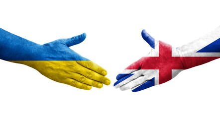 Handshake between Great Britain and Ukraine flags painted on hands, isolated transparent image.