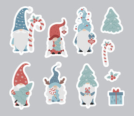 Stickers Christmas family gnomes. Collection Scandinavian gnomes with Christmas tree, caramel stick, gift and New Years gnome girl with lollipop. Vector colorful Isolated Digital Printable Stickers