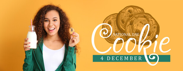 Happy African-American woman with milk and cookie on orange background. National Cookie Day