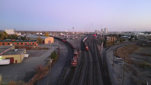 A CPR train pulls out of the Ogden rail station in Calgary Alberta Canada