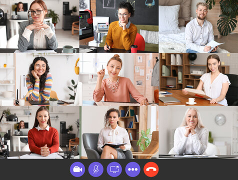 Group of people video chatting during work in office