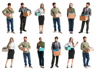 Set of dismissed young people with belongings on white background