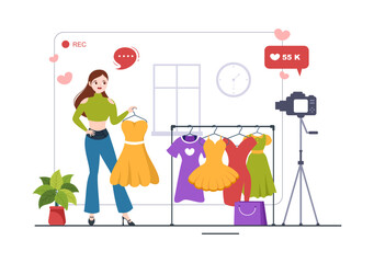 Beauty and Fashion Blog with Bloggers Review Videos of Fashionable Clothes, Cosmetics or Makeup Trends in Cartoon Hand Drawn Template Illustrations