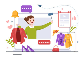 Beauty and Fashion Blog with Bloggers Review Videos of Fashionable Clothes, Cosmetics or Makeup Trends in Cartoon Hand Drawn Template Illustrations