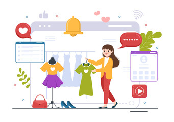 Beauty and Fashion Blog with Bloggers Review Videos of Fashionable Clothes, Cosmetics or Makeup Trends in Cartoon Hand Drawn Template Illustrations