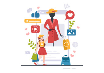 Beauty and Fashion Blog with Bloggers Review Videos of Fashionable Clothes, Cosmetics or Makeup Trends in Cartoon Hand Drawn Template Illustrations