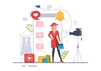 Beauty and Fashion Blog with Bloggers Review Videos of Fashionable Clothes, Cosmetics or Makeup Trends in Cartoon Hand Drawn Template Illustrations