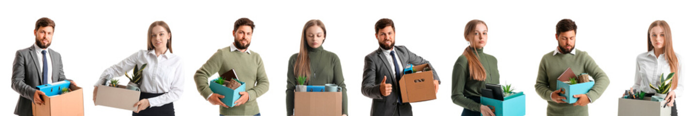 Set of dismissed young people with belongings on white background