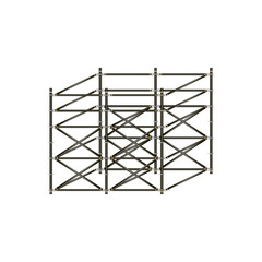 Mobile scaffolding, white background, used in construction areas.
