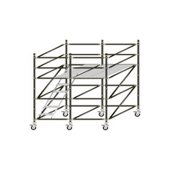 Mobile scaffolding, white background, used in construction areas.