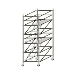 Mobile scaffolding, white background, used in construction areas.