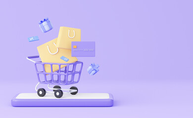 3D smart phone with floating objects, surprise box and shopping cart. digital marketing concept. 3D rendering