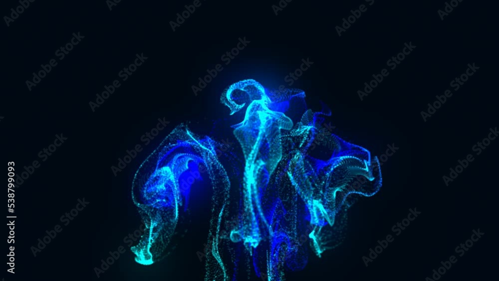 Poster neon blue animated background. a randomly moving stream of particles. glowing stars. a bundle of cos