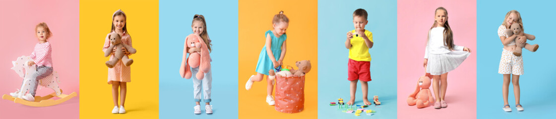 Set of cute children with toys on color background
