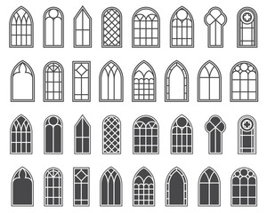 Church windows set. Silhouettes of gothic arches in line and glyph classic style. Old cathedral glass frames. Medieval interior elements. Vector