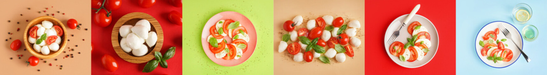 Collage with many mozzarella cheese and fresh tomatoes on color background, top view