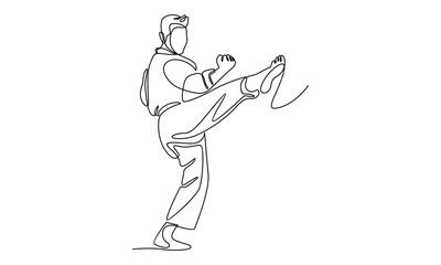 continuous line of man in kimono practicing karate combat. Martial art sport training concept © barnawi