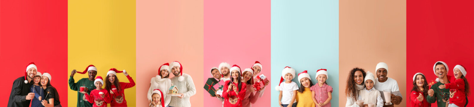 Group of happy people on color background. Happy New Year and Merry Christmas