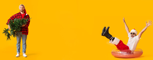 Young man in Santa hat with Christmas tree on yellow background