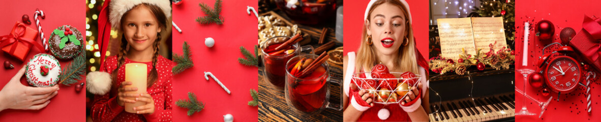 Beautiful collage for Happy New Year and Merry Christmas on red background