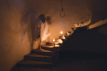 Scary ghost woman in haunted house