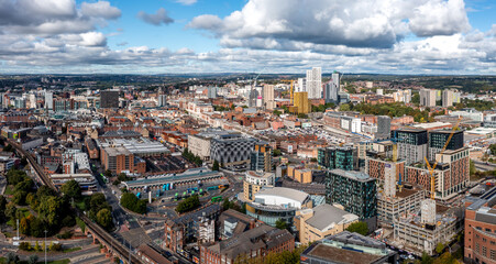 Aerial panorama view of Leeds city centre cityscape skyline