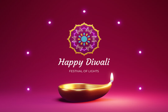 Happy Diwali festival with oil lamps and beautiful rangoli red background