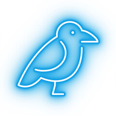 Neon blue bird icon, glowing crow icon on transparent background