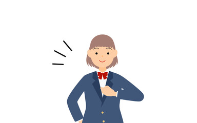 女子生徒、ブレザーの制服、自信満々に胸をたたく