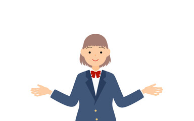 女子生徒、ブレザーの制服、両手を広げたお手上げのジェスチャー