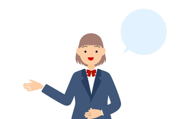 女子生徒、ブレザーの制服、話しかける（吹き出しつき）