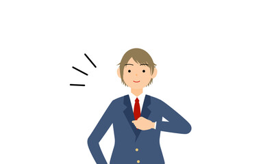 ジェンダーレス生徒、ブレザーの制服、自信満々に胸をたたく