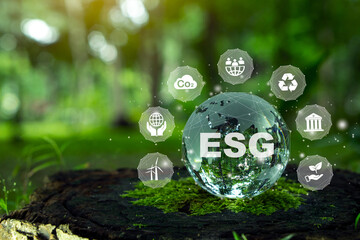 ESG Banner.ESG icon concept on tcrystal globe for environmental, social, and governance in sustainable and ethical business on the Network connection on a green background.