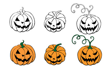 Vector set of scary spooky smiling Halloween pumpkins isolated. Jack o Lantern. Two variants - black contour for coloring in doodle style, color flat drawing. Traditional decoration symbol of holiday