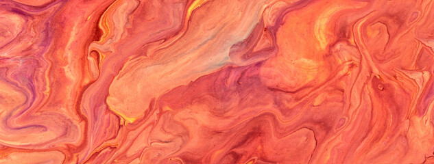 Abstract fluid art background red and orange colors. Liquid marble. Acrylic painting with ginger...