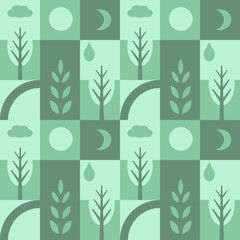 Seamless pattern with trees and plants, geometric mosaic, green ecology concept, flat vector background.