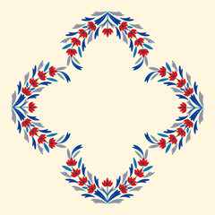 Obraz premium Vintage frame for greeting card and invitations. Floral border. Rhomb shape template with empty space for text. Simple retro flowers and leaves placed in a circle and isolated on a beige background