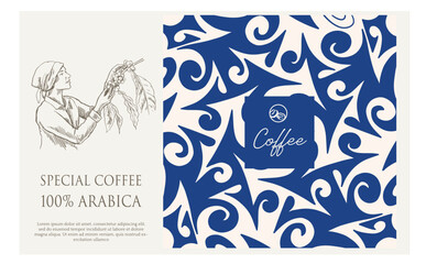 coffee label packaging of drawing ink and organic pattern. Banner coffee for promotion digital advertising
