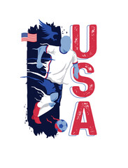 VECTOR. Editable poster for the United States of America football team, soccer player, uniform, USA, flag